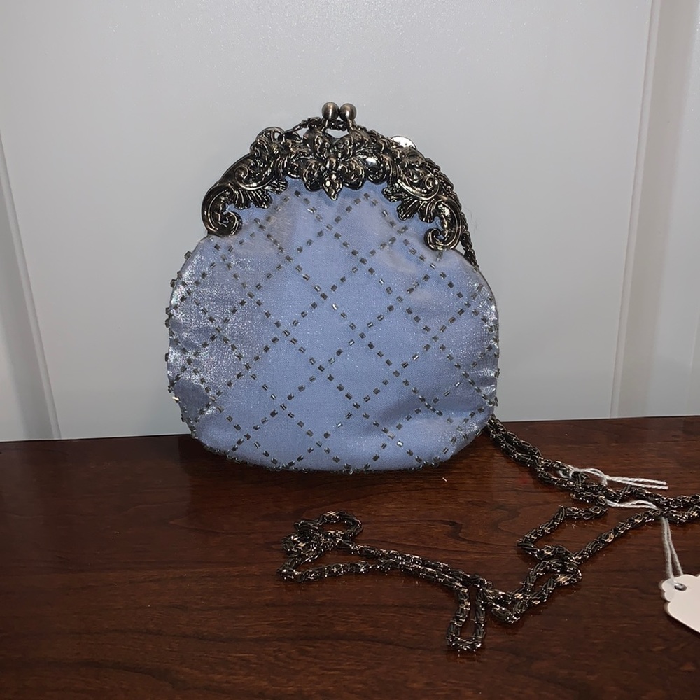 Vintage Jessica McClintock Handmade Beaded Purse | Chain Crossbody Blue